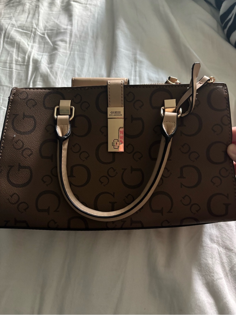 GUESS Brown Logo-Print Satchel with Cream Trim